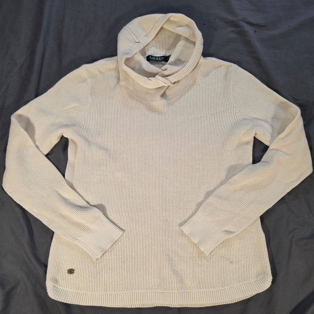 Lauren Ralph Lauren Cream Waffle Knit Cowl Neck Cotton Sweater Large
